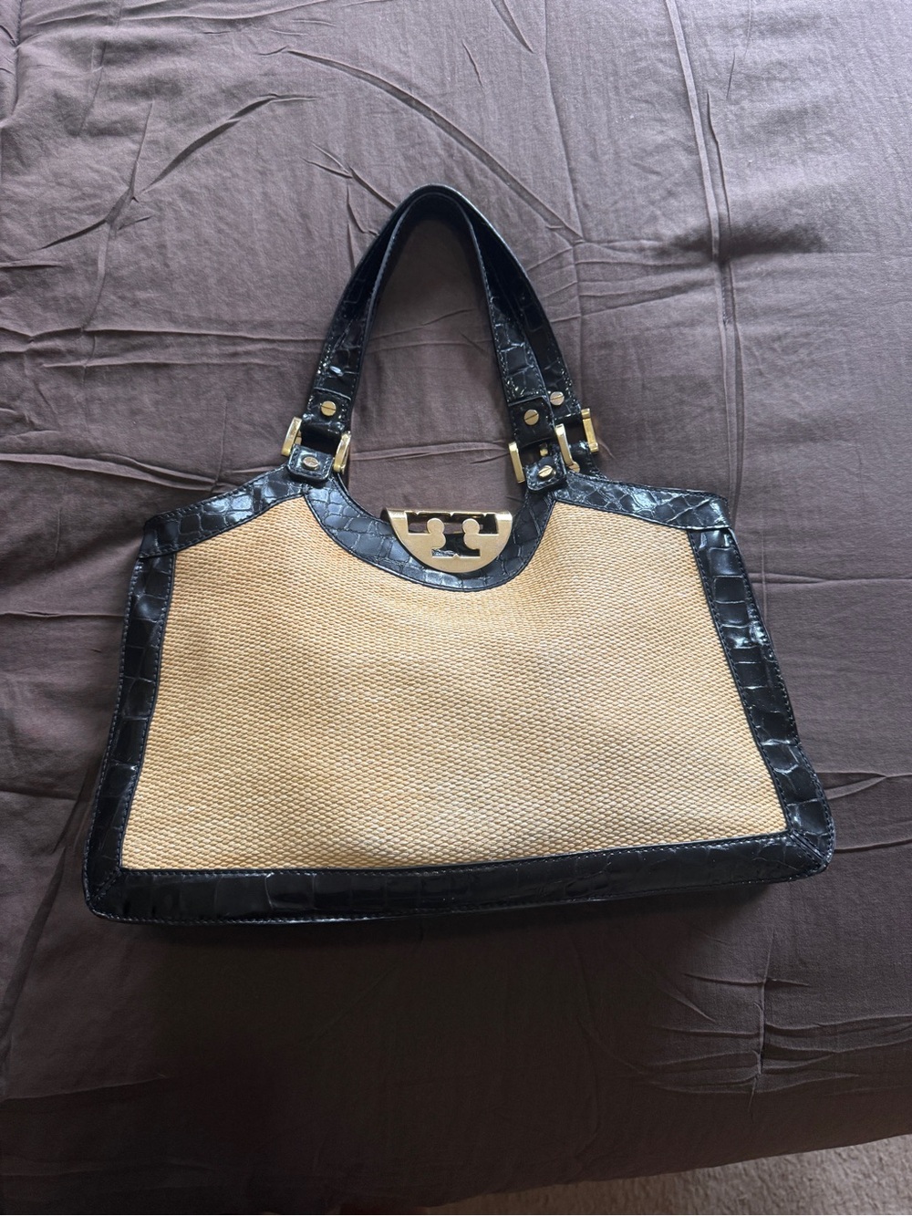 Tory Burch Black & Tan Raffia-Front Tote with Gold Hardware